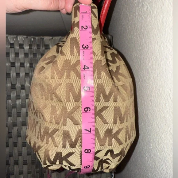 Michael Kors MK Logo Canvas Tote Bag Brown Red Leather Handles Tassel Purse - Picture 9 of 17